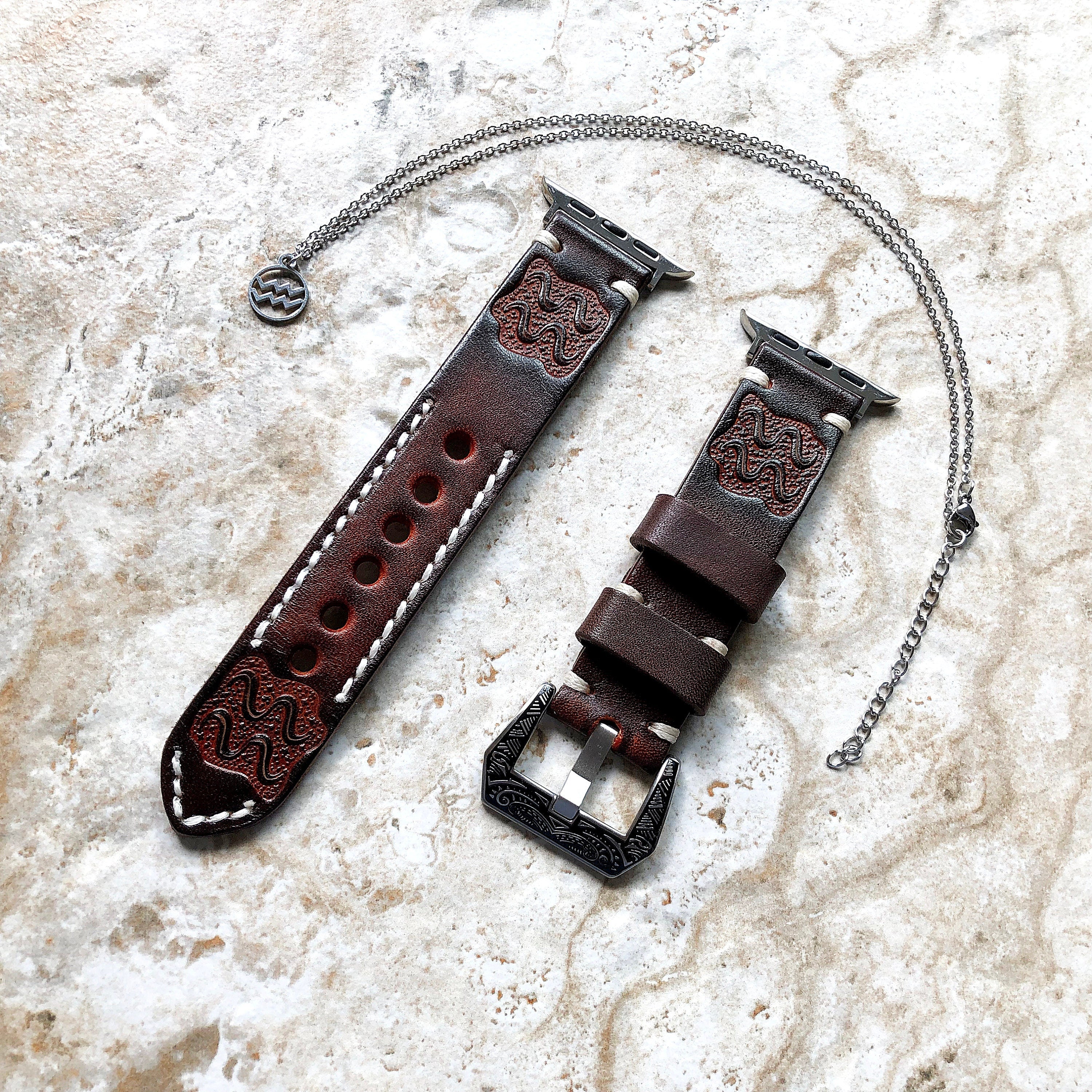 Apple Watch Aquarius Zodiac Band Set for Ultra 2 9 8 7 6 SE 5 4 3 2 1 38mm 40 41 42mm 44mm 45mm 49mm Brown Leather Embossed Strap & Necklace